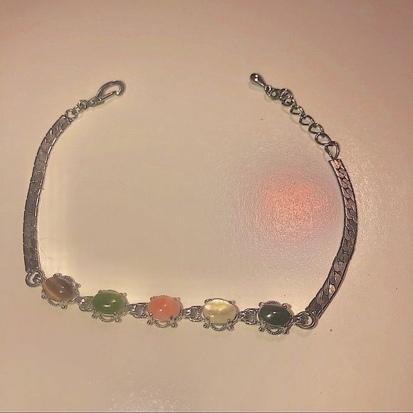 VTG Gemstone Silver Tone Coral Jade Tigers Eye Mother of Pearl Hematite Bracelet - Picture 2 of 4